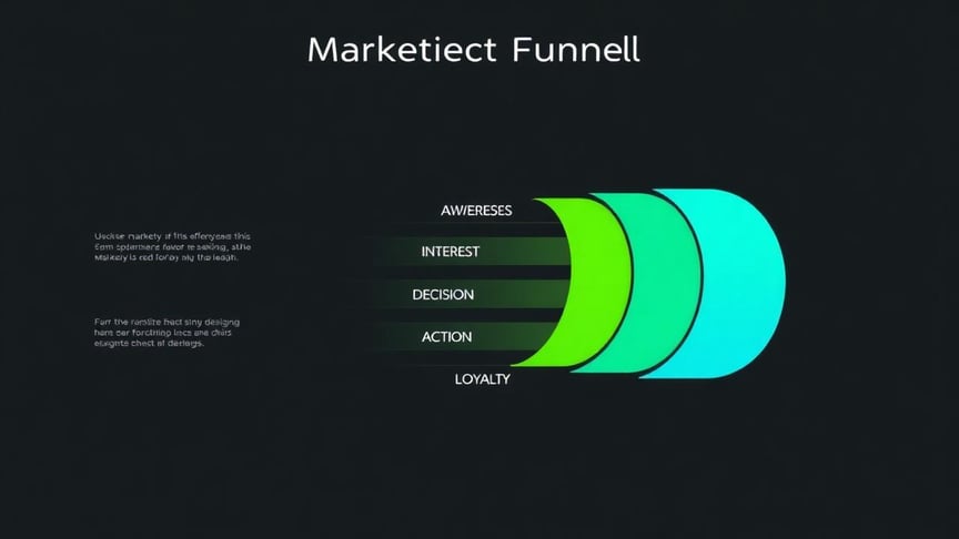 Marketing funnel stages showing Awareness, Interest, Decision, Action, and Loyalty phases